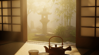 Japanese tea room with natural morning light and bamboo garden