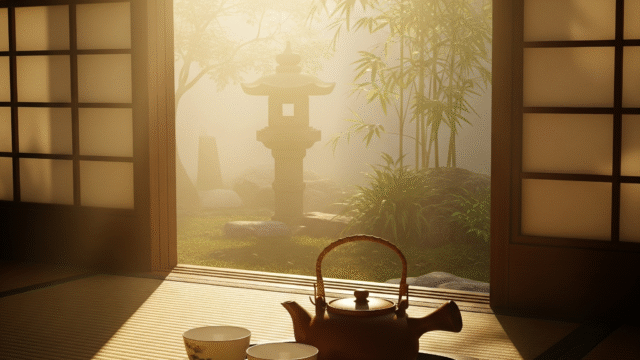 Japanese tea room with natural morning light and bamboo garden